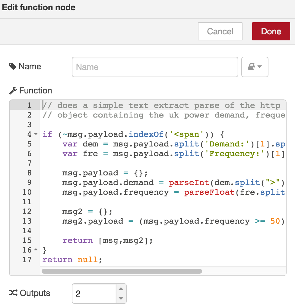 Function node 2 Setting